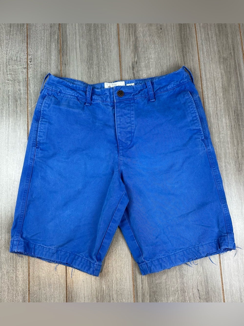 VTG Y2K Abercrombie Fitch Chino Shorts 32 Distressed Cotton. Button Fly Blue